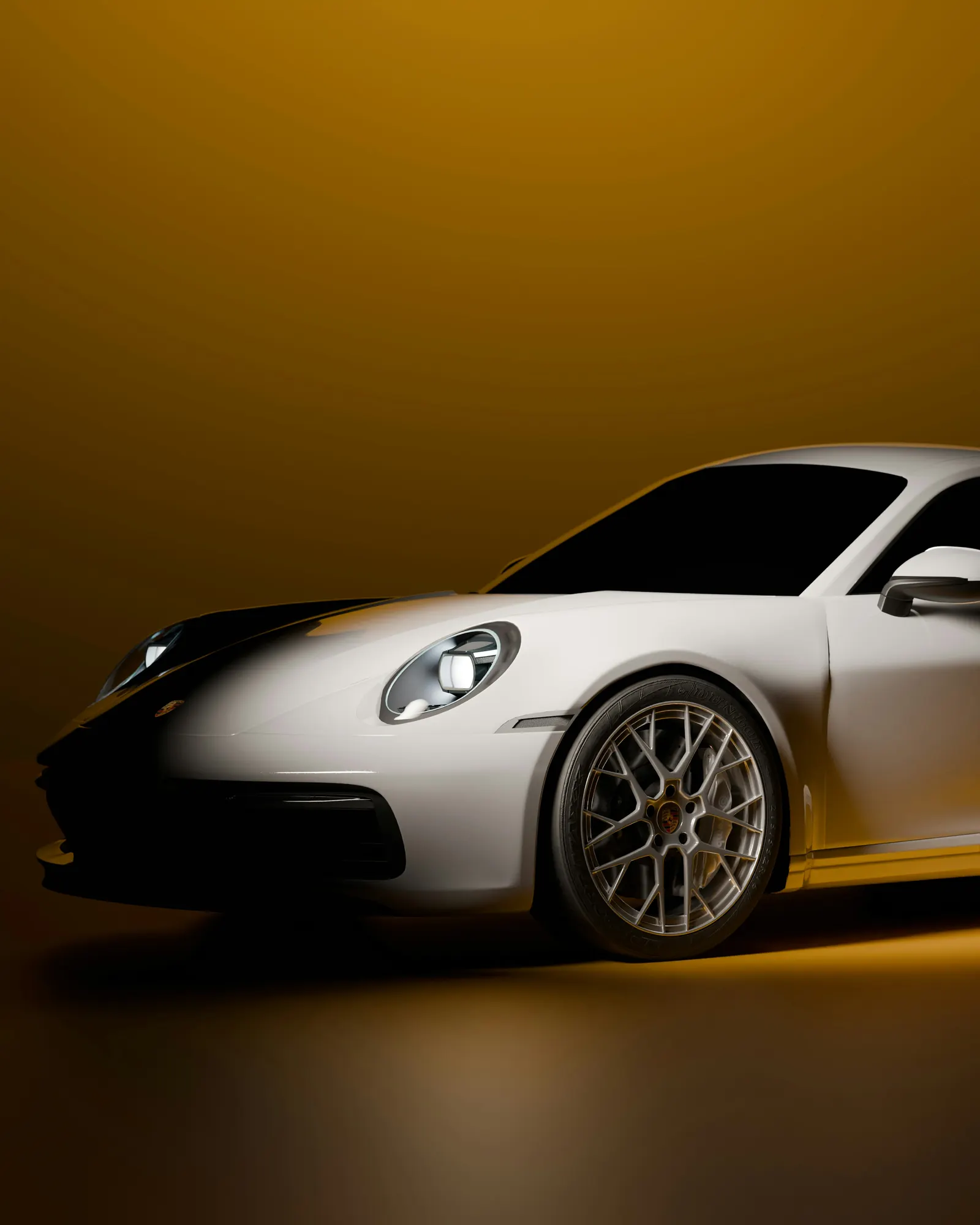 Porsche 911 branco iluminado por uma luz dourada em estúdio